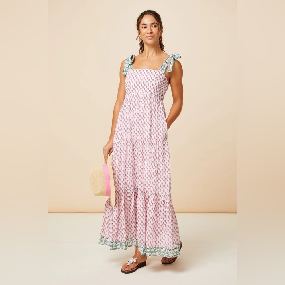 Amazon Pink Floral Maxi Dress with Green Tie Straps